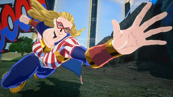 A MY HERO ULTRA RUMBLE screenshot showing a hero in a dynamic pose, wearing a red, white, and blue costume, ready for action.