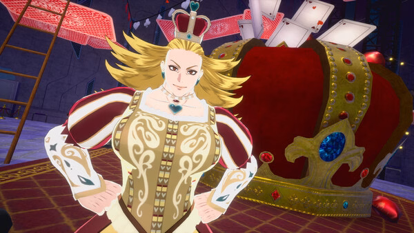 A screenshot from MY HERO ULTRA RUMBLE showing a character in a queen-themed outfit standing near a large red crown.