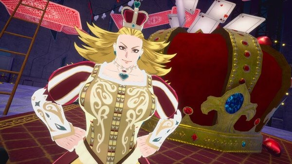A screenshot from MY HERO ULTRA RUMBLE showing a character in a queen-themed outfit standing near a large red crown.