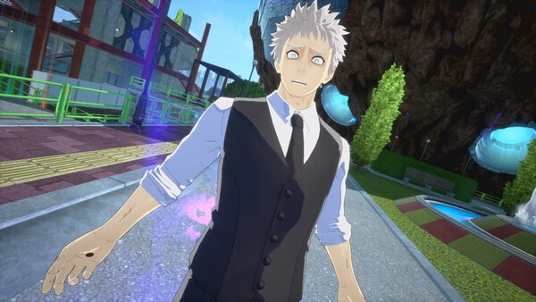Screenshot from MY HERO ULTRA RUMBLE featuring a character in a vest and tie, standing in a colorful outdoor arena.