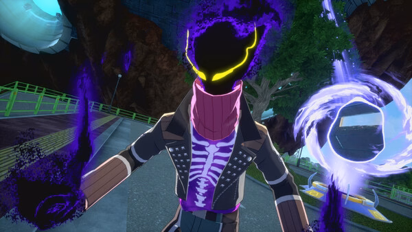 Screenshot from MY HERO ULTRA RUMBLE featuring a character in a dark outfit with glowing eyes, surrounded by purple energy.