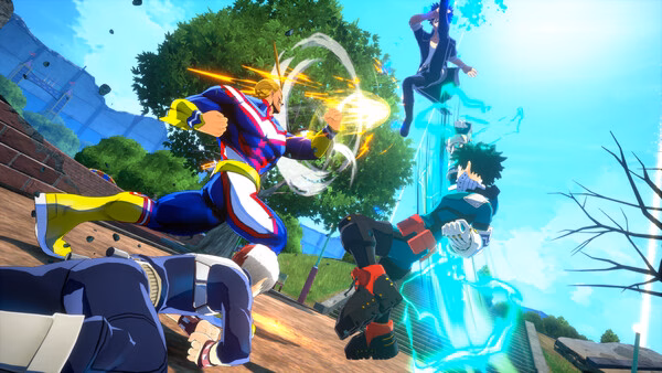 Screenshot of MY HERO ULTRA RUMBLE showing All Might fighting enemies, with Deku using powers and others battling in a vibrant outdoor arena.