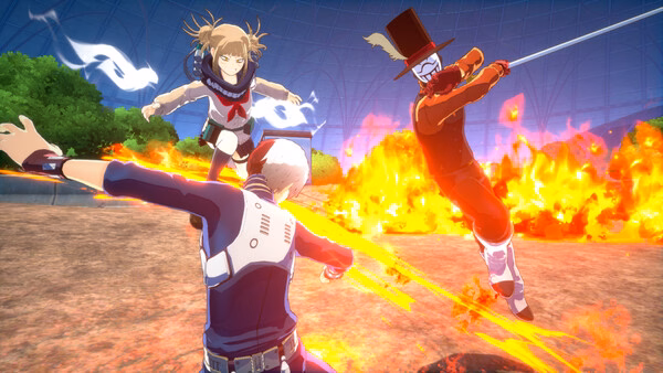 Screenshot from MY HERO ULTRA RUMBLE showing three characters in combat, with fiery explosions and dynamic action in the background.
