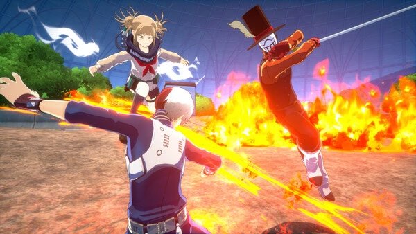 Screenshot from MY HERO ULTRA RUMBLE showing three characters in combat, with fiery explosions and dynamic action in the background.