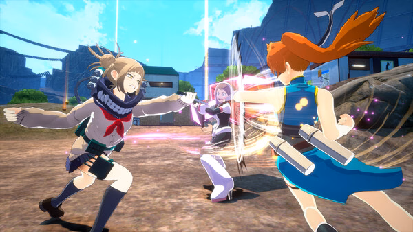 A dynamic MY HERO ULTRA RUMBLE screenshot shows three characters in action, striking and using powers in an outdoor arena.