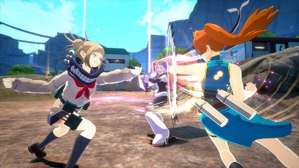 A dynamic MY HERO ULTRA RUMBLE screenshot shows three characters in action, striking and using powers in an outdoor arena.