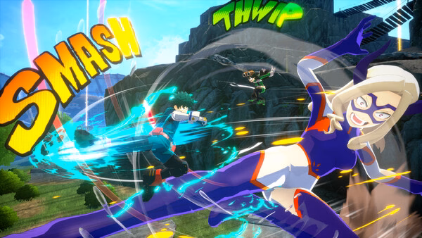 Screenshot from MY HERO ULTRA RUMBLE showing a dynamic battle scene with characters in action, vibrant effects, and comic-style text.
