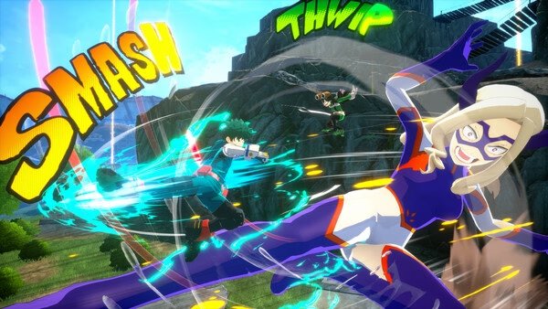 Screenshot from MY HERO ULTRA RUMBLE showing a dynamic battle scene with characters in action, vibrant effects, and comic-style text.