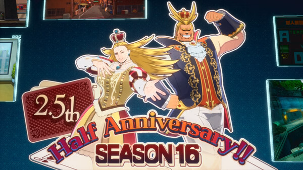 Screenshot from MY HERO ULTRA RUMBLE shows two characters in royal costumes celebrating the game's 2.5th Half Anniversary Season 16.