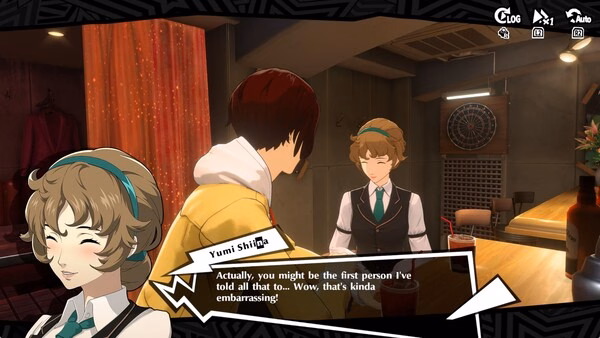 Screenshot from Persona5: The Phantom X showing a conversation in a cozy bar with characters in school uniforms.