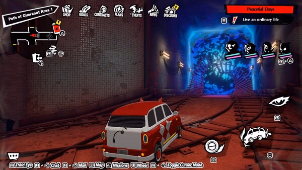 Screenshot from Persona5: The Phantom X showing a car on a track heading towards a glowing blue portal.
