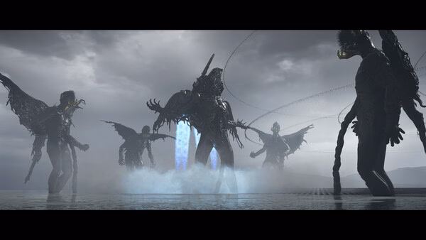 Screenshot from DEATH STRANDING 2: ON THE BEACH showing ghostly figures emerging from the mist on a desolate shoreline.