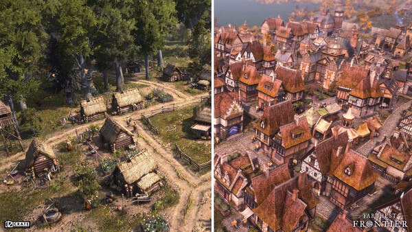 Screenshot from Farthest Frontier showing a developing village with rustic homes, dirt paths, and surrounding greenery.