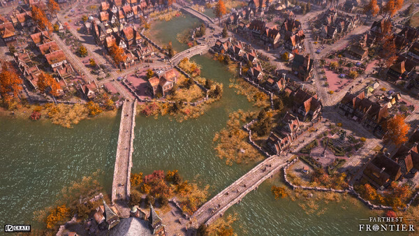 Screenshot from Farthest Frontier showing a detailed town with houses, bridges, and waterways in a lush, colorful landscape.