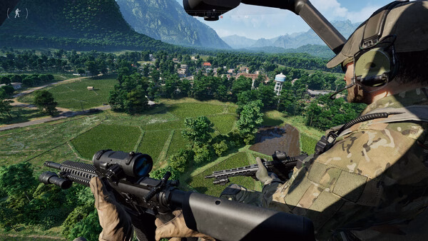 Gray Zone Warfare screenshot: A soldier in a helicopter aims his rifle at a lush landscape with fields, trees, and distant buildings.