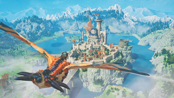 Screenshot from Monster Hunter Stories 3: Twisted Reflection showing a flying dragon approaching a majestic castle in a scenic landscape.