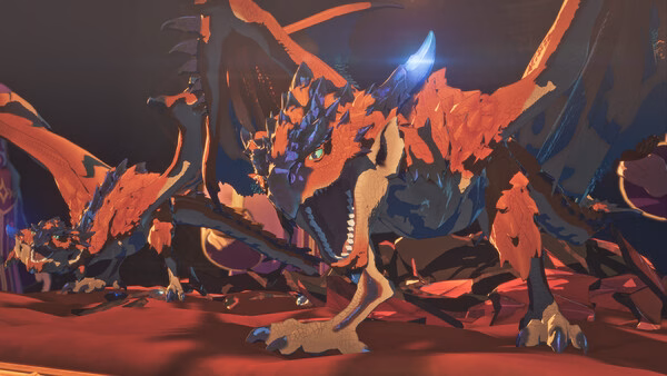 Screenshot from Monster Hunter Stories 3: Twisted Reflection showing a fierce, red dragon-like creature roaring in a dynamic pose.