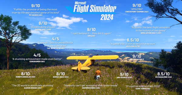 A screenshot from Microsoft Flight Simulator 2024 shows a yellow plane flying low over a vibrant field with scenic mountains in the background.