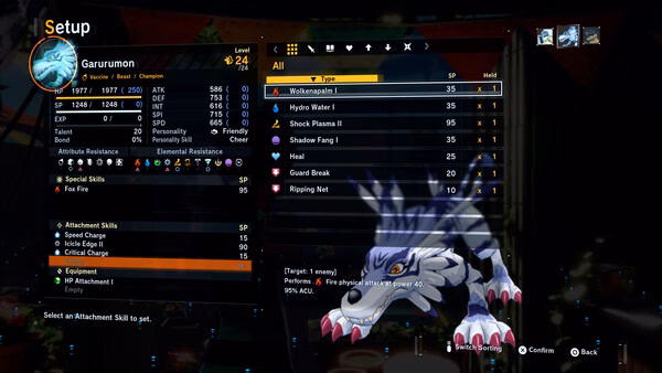 Screenshot from Digimon Story Time Stranger showing Garurumon’s setup screen with stats, equipped skills, and attack details.