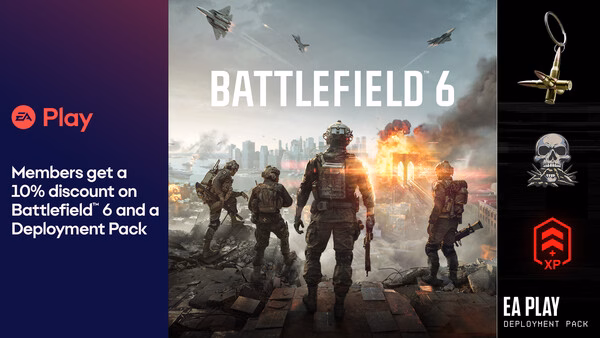 EA Play screenshot: Soldiers stand on a battlefield with explosions in the background, promoting Battlefield 6 and special offers.