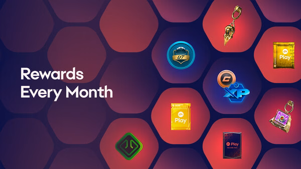 EA Play screenshot showcasing monthly rewards, including game packs, keychains, and XP icons on a hexagonal-patterned background.
