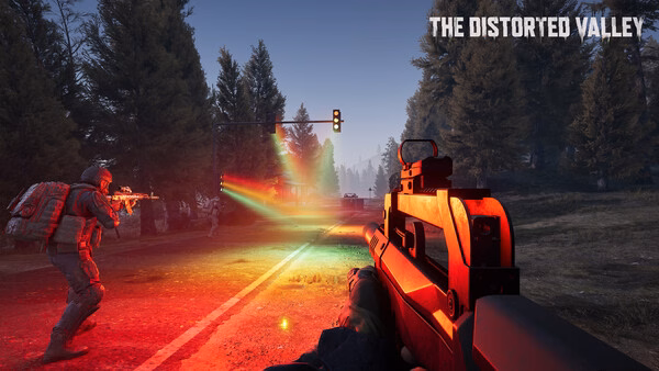 Screenshot from Arena Breakout: Infinite showing a player aiming a rifle at an opponent on a forested road at sunset.