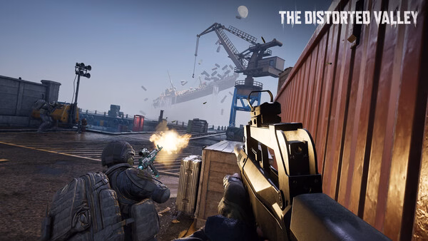 Screenshot from Arena Breakout: Infinite showing intense gunfight on a dock, with players taking cover behind crates in The Distorted Valley.