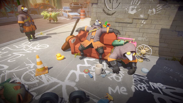 Screenshot from MIMESIS showing bird-like characters resting on a graffiti-covered couch surrounded by scattered objects and toys.