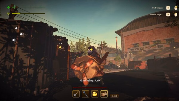 MIMESIS screenshot: A character in a mask holds a large object in a sunlit, industrial setting with visible buildings and power lines.