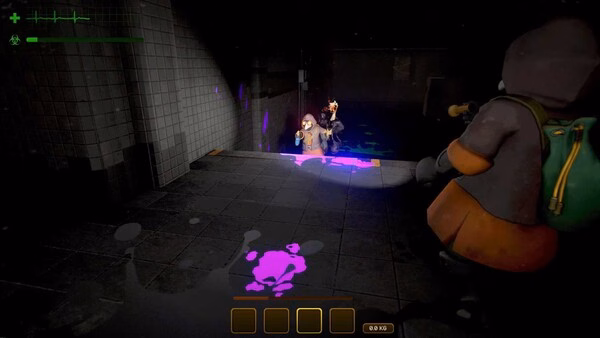 Screenshot from MIMESIS game showing a character with a backpack holding a flashlight, illuminating a dark, tiled corridor with purple stains.