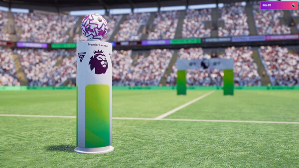 Football Manager 26 screenshot: A close-up of the Premier League match ball on a stand, with a stadium and crowd in the background.