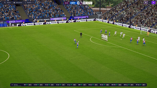 Screenshot from Football Manager 26 showing a free-kick situation with players lined up and fans in the stadium.