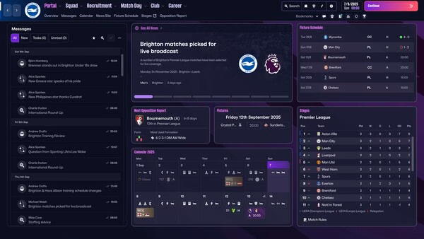 Football Manager 26 screenshot showing a team dashboard with messages, fixtures, league table, and broadcast match details.