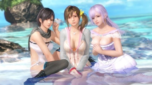 Screenshot from DEAD OR ALIVE Xtreme Venus Vacation showing three female characters sitting together on a sunny beach.