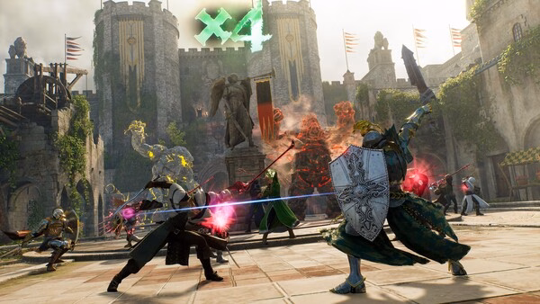 Throne and Liberty screenshot: Warriors clash in front of a castle, with spells and swords in a medieval fantasy battle.