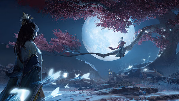 Screenshot from "Where Winds Meet": Two figures under a full moon, with one perched on a tree branch amid cherry blossoms.