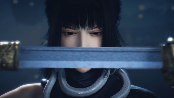 Screenshot from Where Winds Meet showing a character holding a sword with a detailed golden hilt in a dimly lit scene.