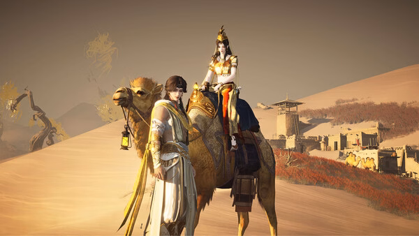 Screenshot from Where Winds Meet showing a character riding a camel in a desert landscape with distant buildings and trees.
