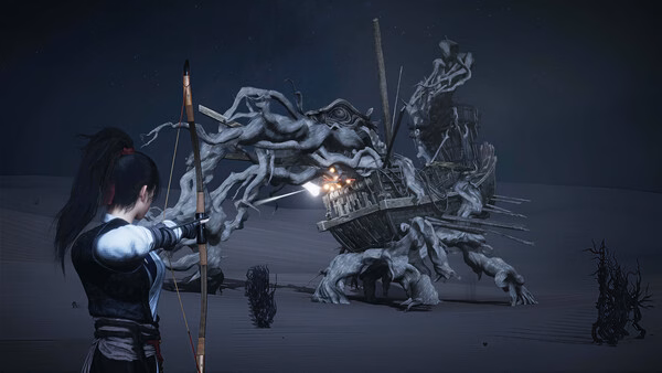 Screenshot from "Where Winds Meet" showing a character aiming a bow at a ship entwined with mystical tree roots.