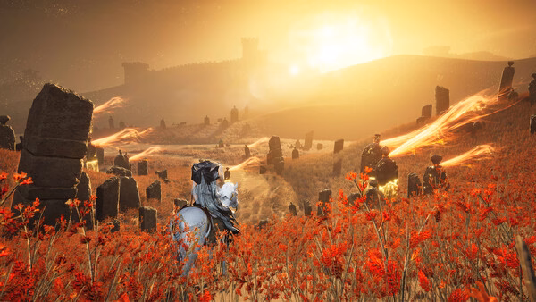 A screenshot from Where Winds Meet shows a rider on horseback amidst a vibrant red field, with ruins and a glowing sunset in the background.