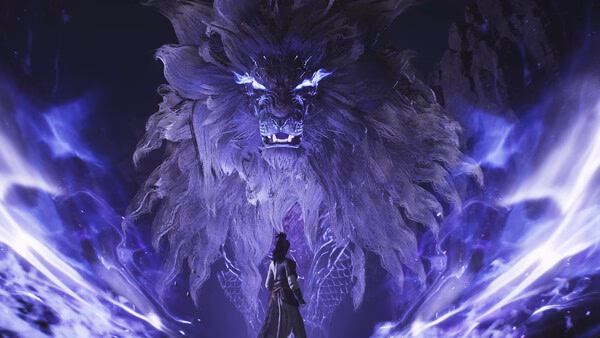 A screenshot from Where Winds Meet shows a lone warrior facing a massive, glowing purple lion-like creature in a dark, mystical setting.