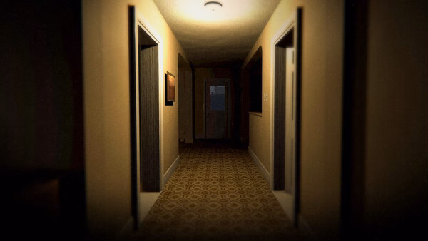 Screenshot from Phasmophobia showing a dimly lit hallway with closed doors and patterned carpet, creating a tense atmosphere.