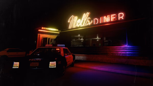 Phasmophobia screenshot: A police car is parked outside a dimly lit diner with a neon sign reading "Mell's Diner" at night.