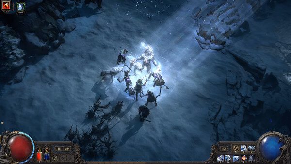 Screenshot of Path of Exile 2 showing a character surrounded by enemies on a snowy terrain, with glowing light effects.