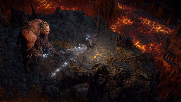 Path of Exile 2 screenshot: A warrior engages in battle with a giant creature amidst a fiery, volcanic landscape.