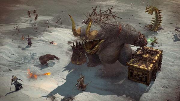 Diablo® IV screenshot: Players battle a massive horned monster, skeletons, and a serpent in a snowy landscape near a golden chest.