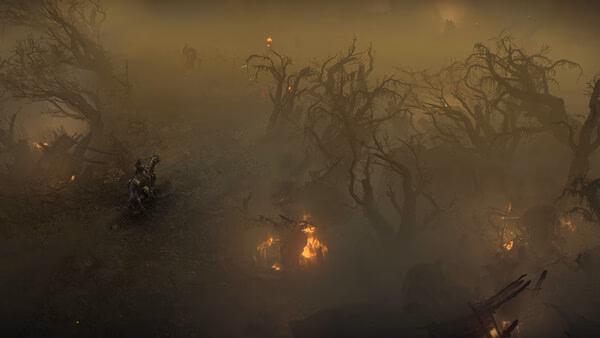 Diablo® IV screenshot: A lone rider travels through a foggy, eerie forest with twisted trees and glowing campfires.
