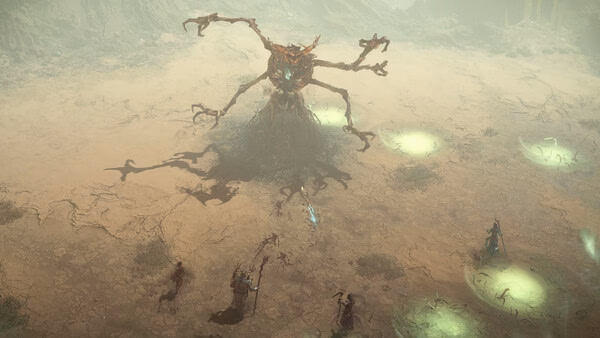 A Diablo® IV screenshot showing players battling a massive tree-like boss in a desolate, foggy landscape with glowing green pools.