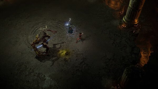Diablo® IV screenshot showing two characters battling a large, grotesque monster in a dimly lit, ancient stone chamber.