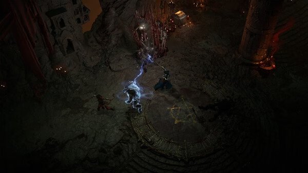 Diablo® IV screenshot: Two characters engaged in a magic battle in a dark, ancient stone chamber with glowing symbols on the ground.